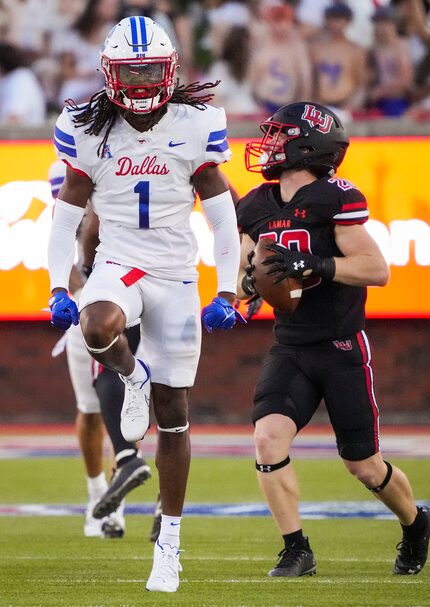 SMU safety Brandon Crossley (1) celebrated after a stop on Lamar running back Major Bowden...