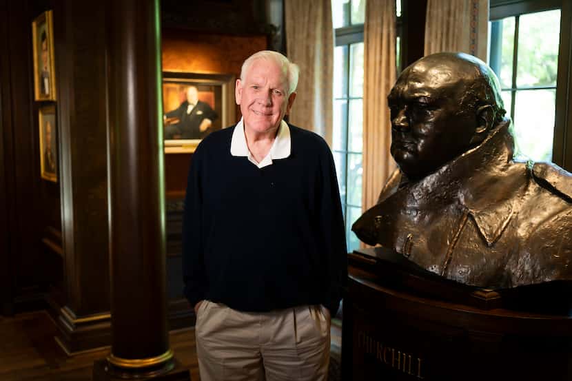 Harlan Crow photographed with a large bust of Winston Churchill at his home on Sunday, April...