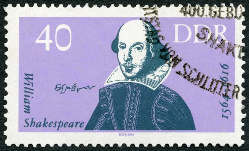 A 1964 postage stamp from the German Democratic Republic shows William Shakespeare...