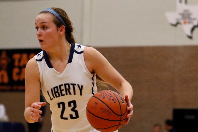 Liberty Christian guard Rebekah Hand (23) dribbles the ball down the court during their...