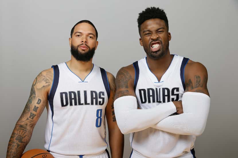 Dallas Mavericks guards Deron Williams (8) and Wesley Matthews pose for a photo during an...
