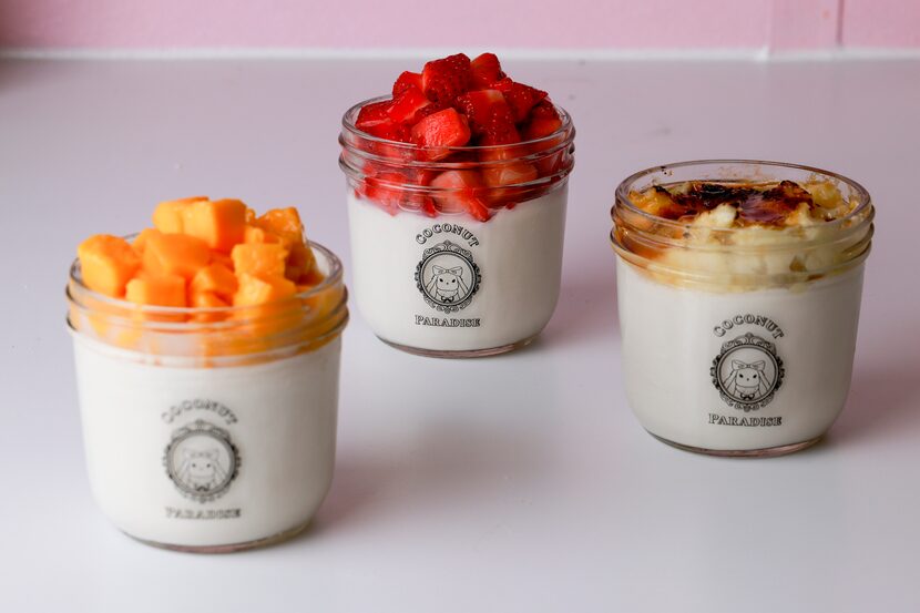 Fresh-cut mango coconut jelly (left), fresh-cut strawberry coconut jelly (center) and...