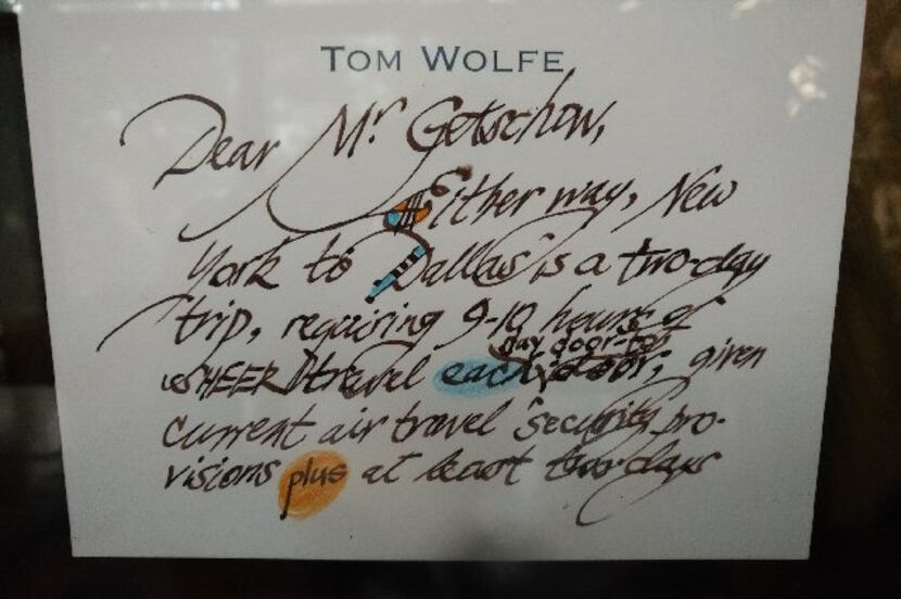 A note from Tom Wolfe hangs in the office of George Getschow. 