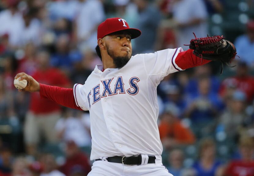 Texas Rangers starting pitcher Yovani Gallardo (49) is pictured during the Los Angeles...