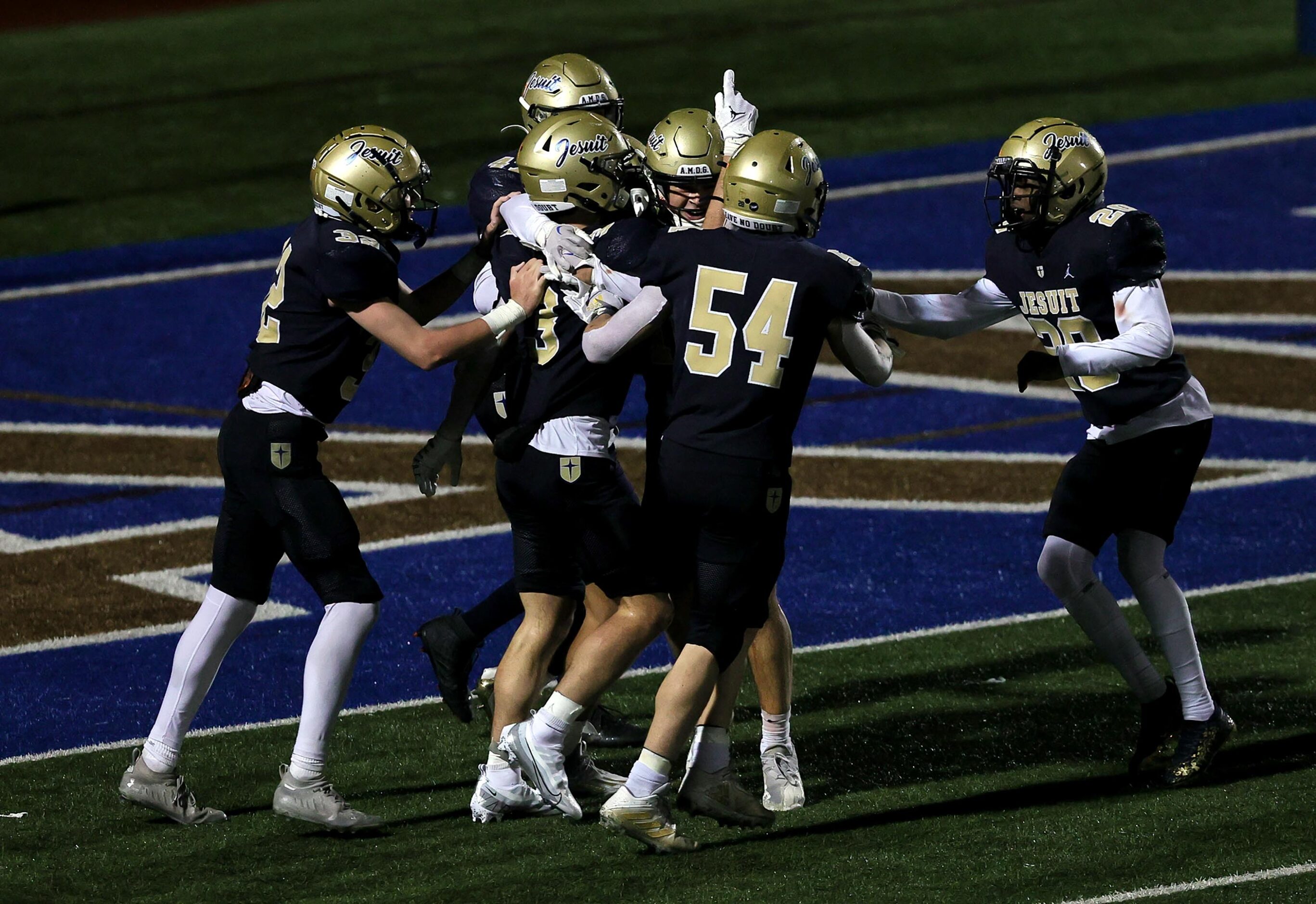 The Jesuit Rangers celebrate a victory over MacArthur, 16-12 in a District 7-6A High School...