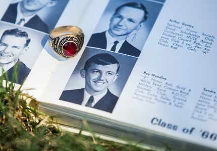 Roy Goodloe's 1966 South Oak Cliff High School class ring sits next to a high school photo...