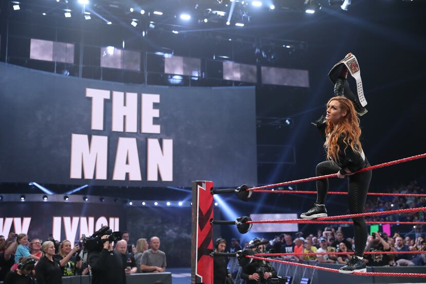 Raw women's champion Becky Lynch makes her entrance during an episode of WWE's Monday Night...