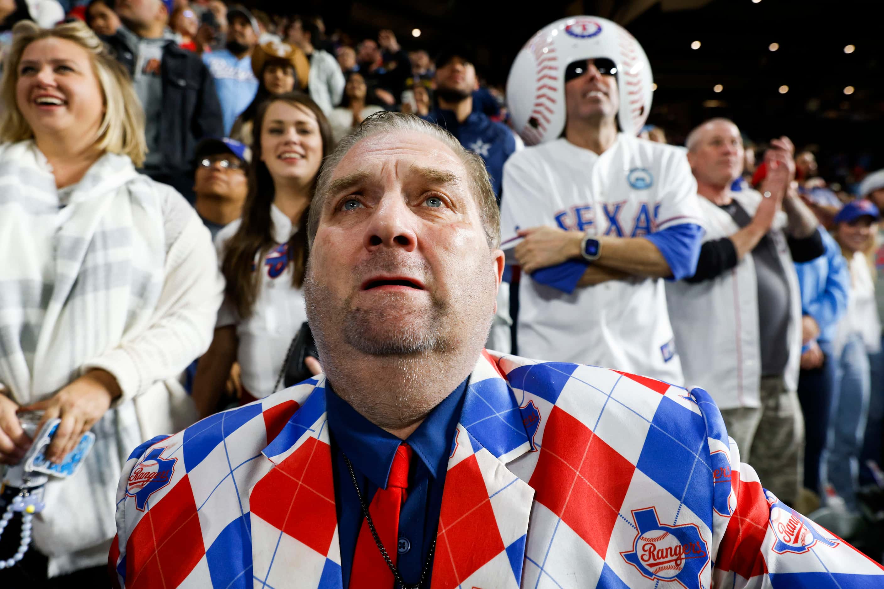 Texas Rangers fan from 1972, Terry Cox, from Tyler, TX, gets emotional out of excitement...