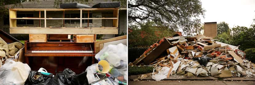 Heaps of trash, including instruments and kitchen supplies, filled driveways and covered...