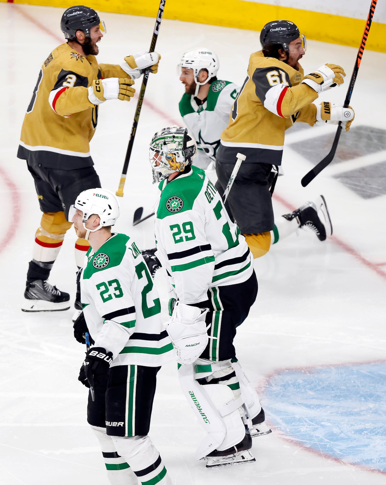 Dallas Stars goaltender Jake Oettinger (29) skates off the ice as Vegas Golden Knights Mark...