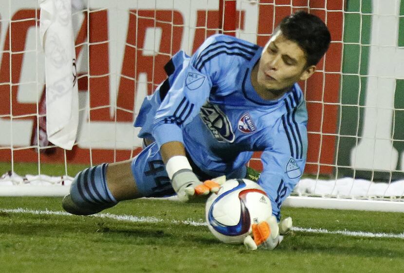 FC Dallas goalkeeper Jesse Gonzalez (44) stops a shot during a shoot out to insure the...
