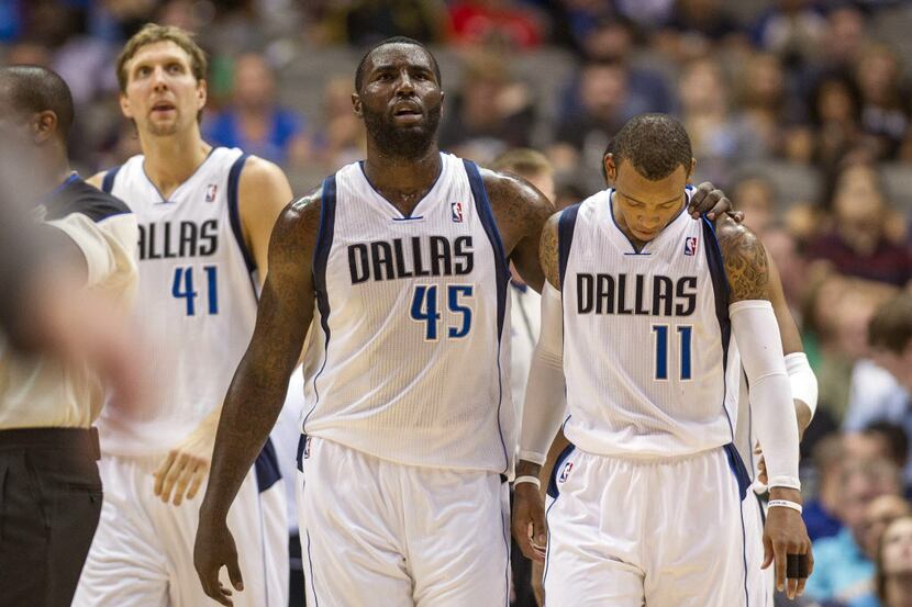 Oct 7, 2013; Dallas, TX, USA; Dallas Mavericks center DeJuan Blair (45) puts his arm around...