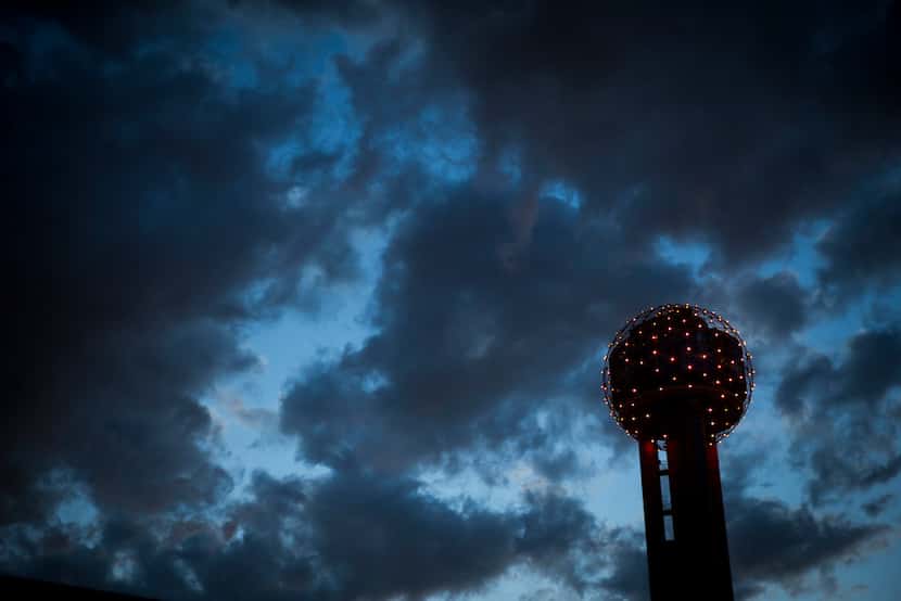 Clouds roll over Reunion Tower just after sunset in March 2017.
