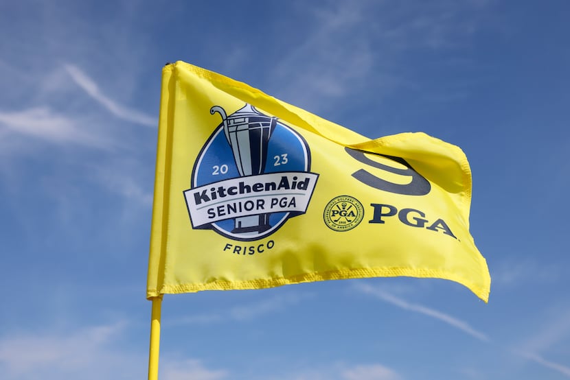 The official flag of the 2023 KitchenAid Senior PGA Championship at the ninth hole of PGA...
