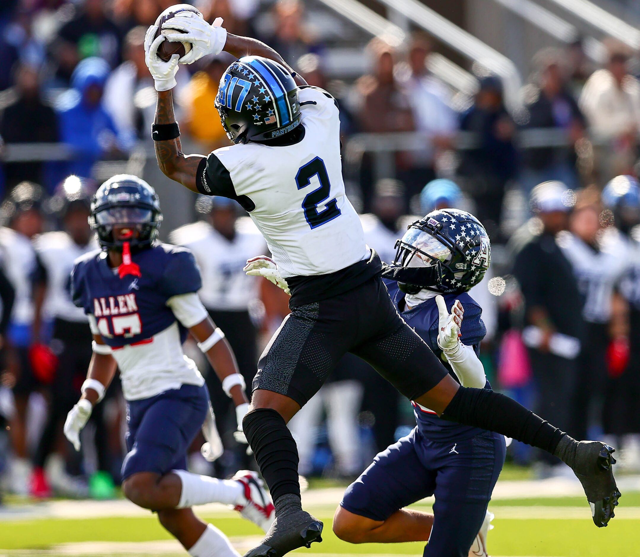 North Crowley wide receiver Mason Ferguson (2) comes up with a reception against Allen...