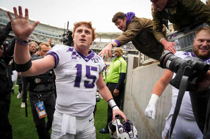 TCU quarterback Max Duggan (15) celebrates as he leaves the field after the Horned Frogs...