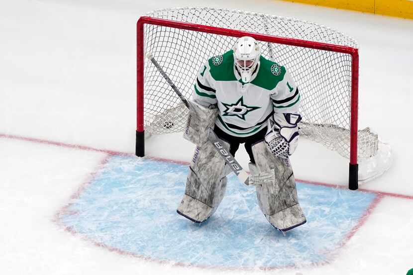 Dallas Stars goalie Joey O'Brien (1) warms up before the start of an NHL hockey game against...