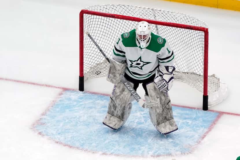 Dallas Stars goalie Joey O'Brien (1) warms up before the start of an NHL hockey game against...