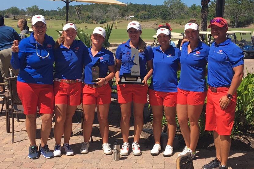 From left, SMU women's golf head coach Jeanne Sutherland, Kenzie Wright, Brigitte Dunne,...