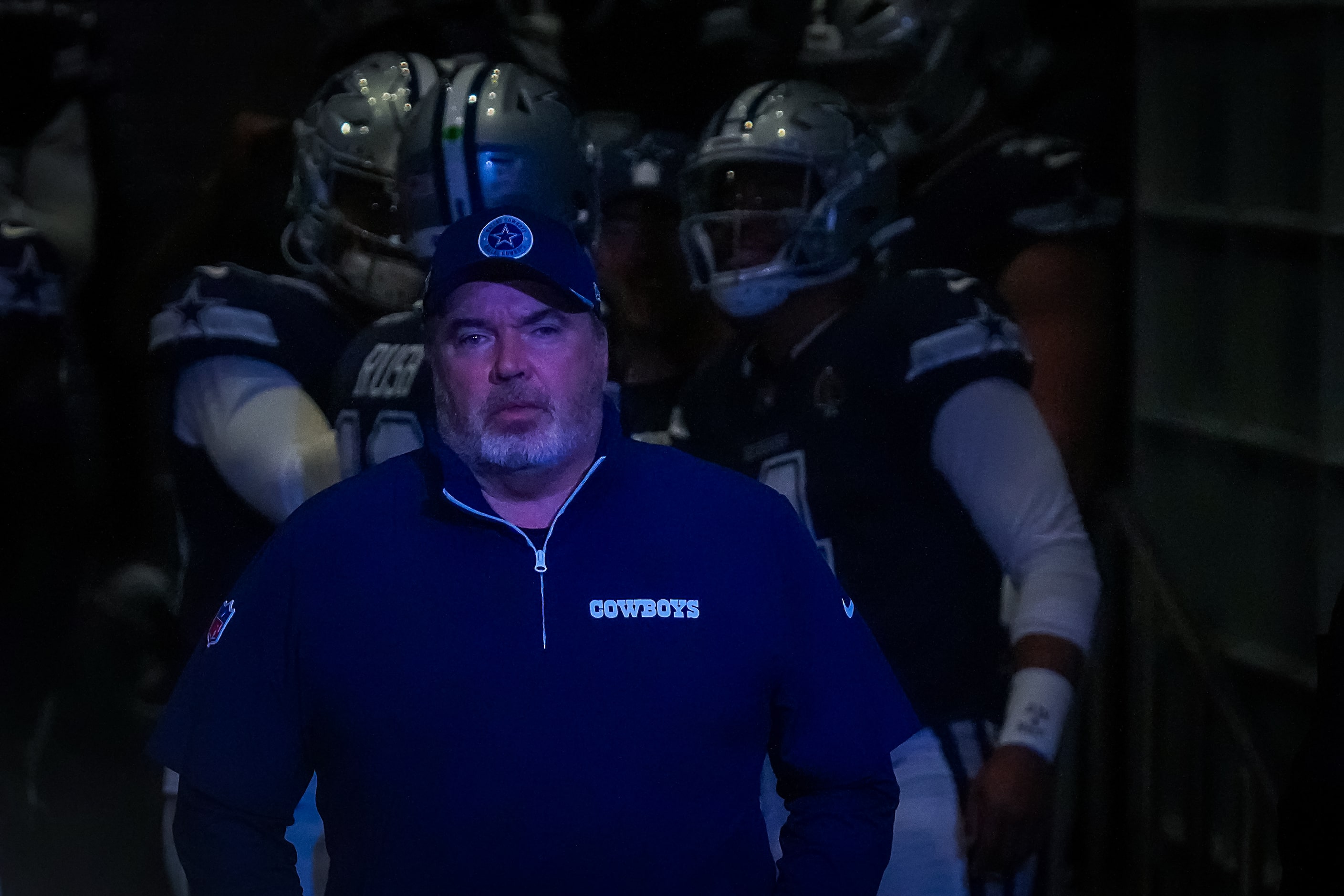 Dallas Cowboys head coach Mike McCarthy waits to take the field for team warm ups before an...