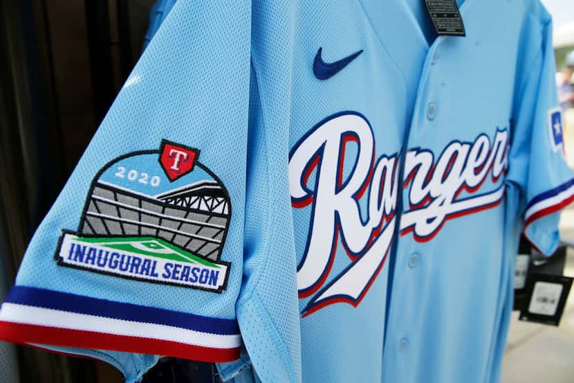 Detail of the new Texas Rangers powder blue jersey during the unveiling of the 2020 uniforms...