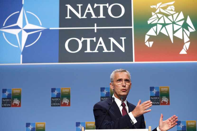 NATO Secretary-General Jens Stoltenberg speaks during a news conference at the NATO summit...