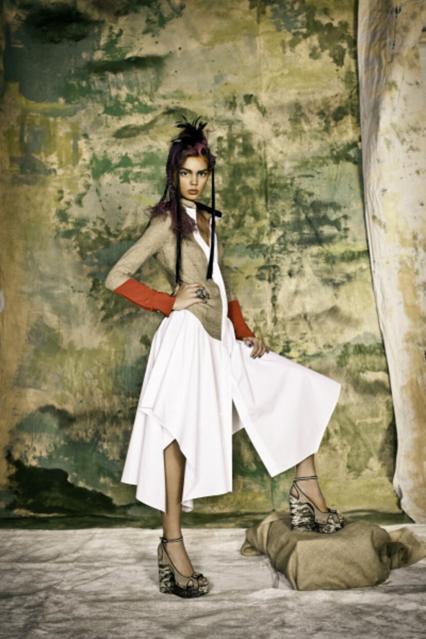 Narciso Rodriguez linen color block shirt dress, $1995, Forty Five Ten. Lanvin sandle with...