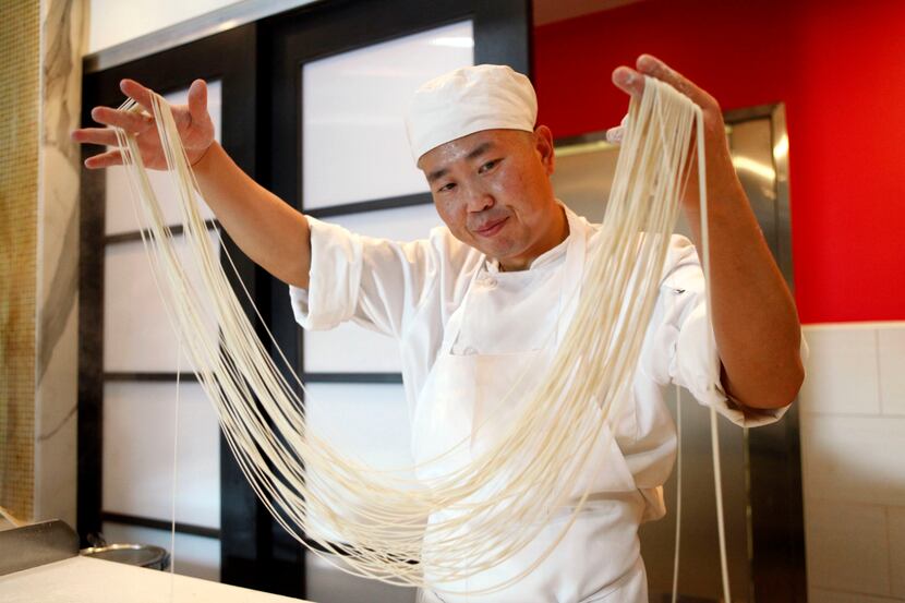 Chef Zhang Xue Liang making hand-pulled Chinese noodles at Royal China in 2010