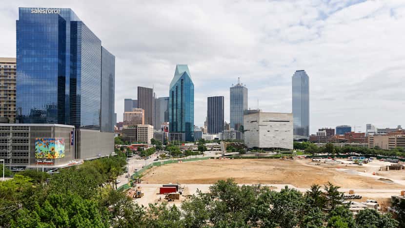 The huge Goldman Sachs campus construction site is just north of the downtown Dallas skyline.