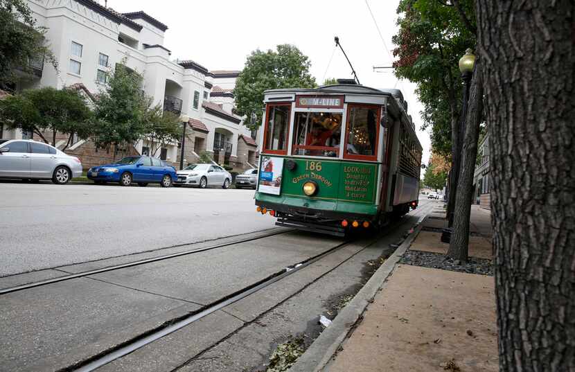 The M-Line trolley goes down Cole Ave right by the West Village in Dallas.  (Brian...