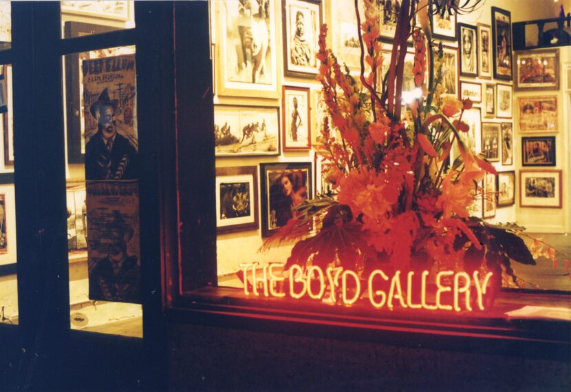 View through the window of the exhibit of Peter Beard's works at the Boyd Gallery in Dallas...