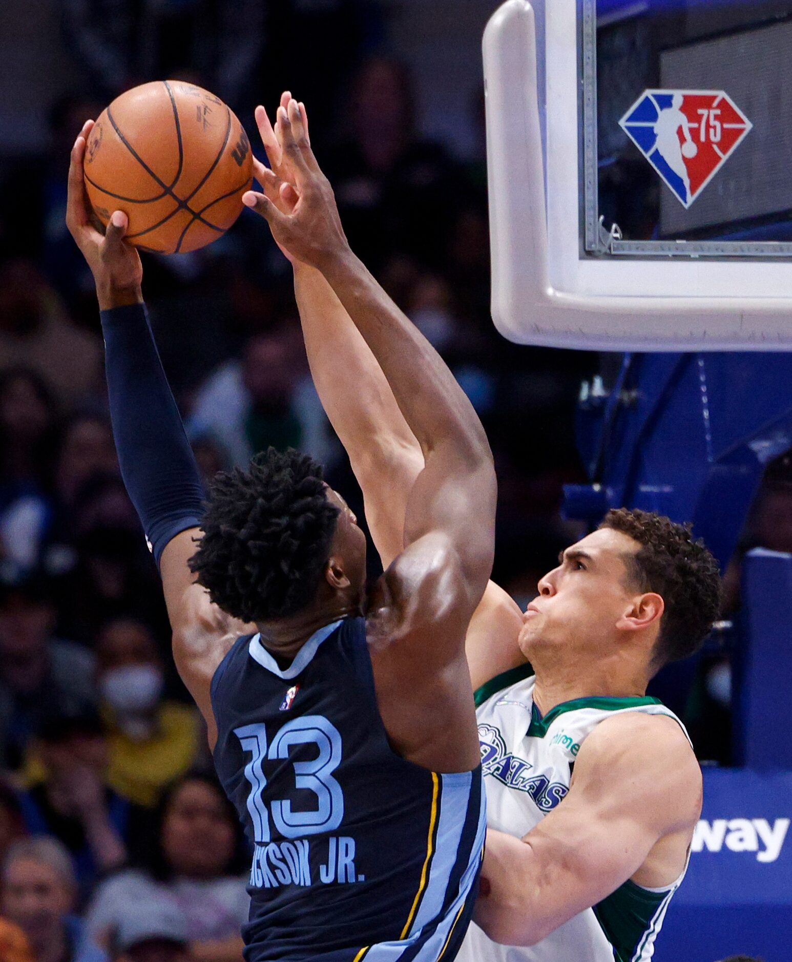 Dallas Mavericks center Dwight Powell (7) blocks a shot attempt from Memphis Grizzlies...