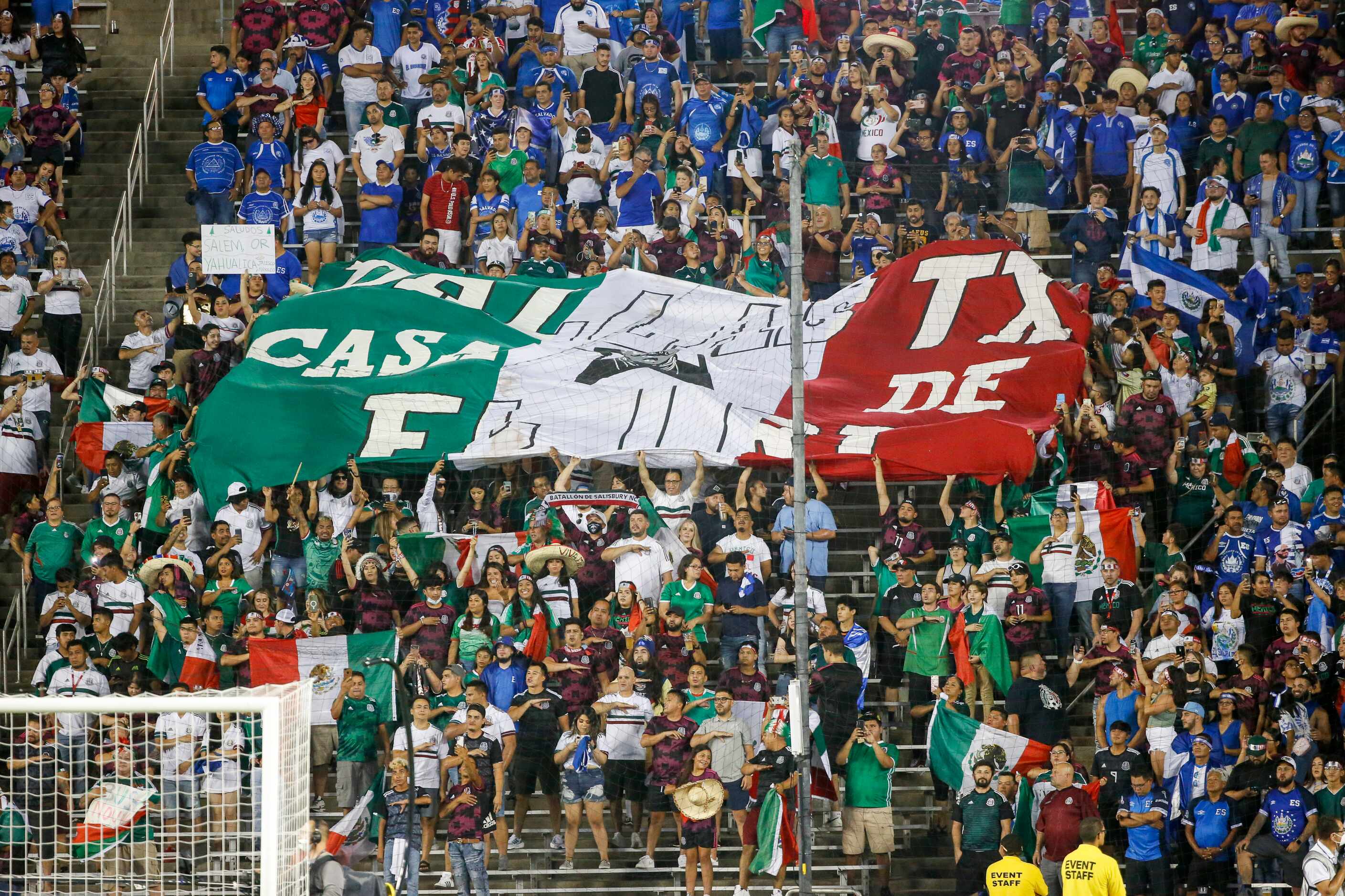 Fans of Mexico wave a large banner during the national anthem of Mexico before a CONCACAF...