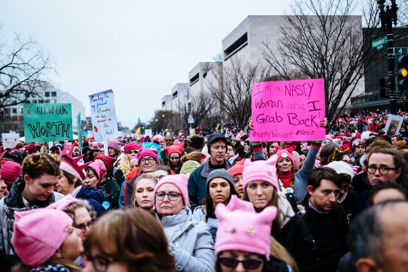 Demonstrators participate in the Womenâs March on Washington, Jan. 21, 2017. A sudden boom...