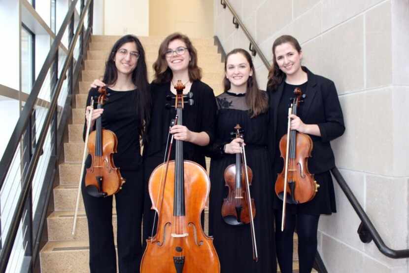 From left Maynie Bradley (violin), Hannah Kasun (cello), Anna Luebke (violin), and Rachel...
