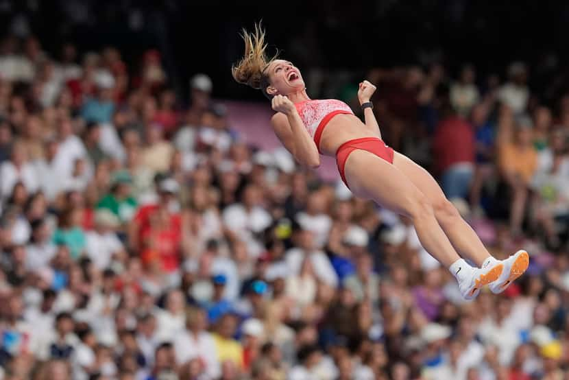 Alysha Newman of Canada celebrates a successful vault  in the women's pole vault final at...