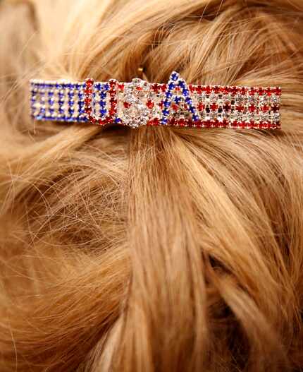 Susan Frazier wears a USA barrette during Sen. Ted Cruz campaign rally at Sharon Shrine...