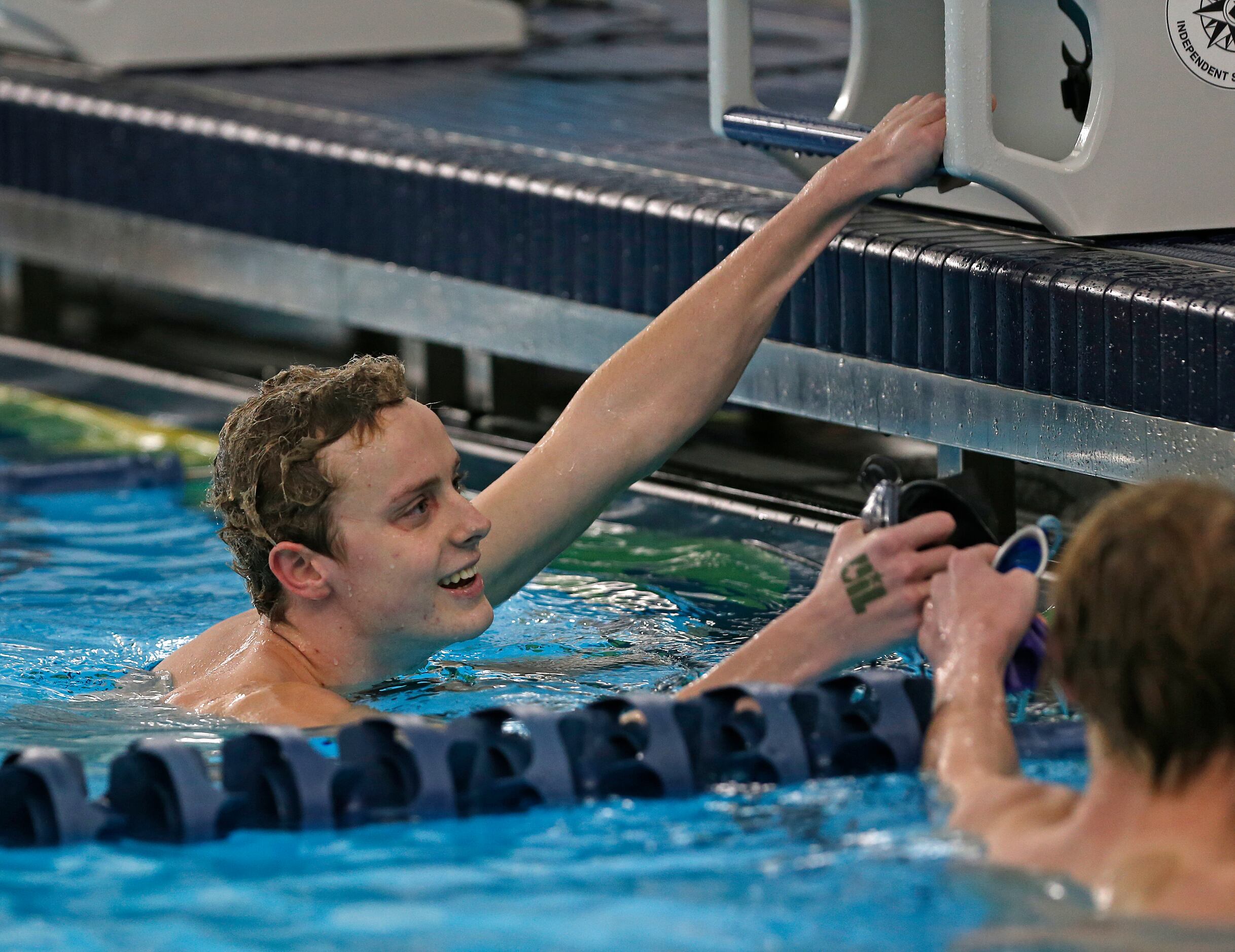 Trey Dickey, Plano East wins 500 yard Freestyle in UIL boys 6A swim finals on Friday,...