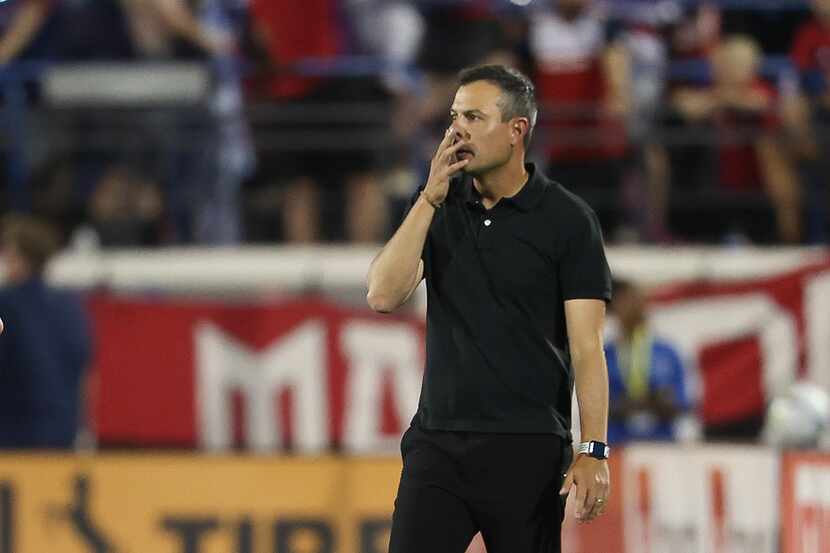 FRISCO, TX - JULY 13: Head Coach of FC Dallas Nico Estevez gestures during MLS game between...