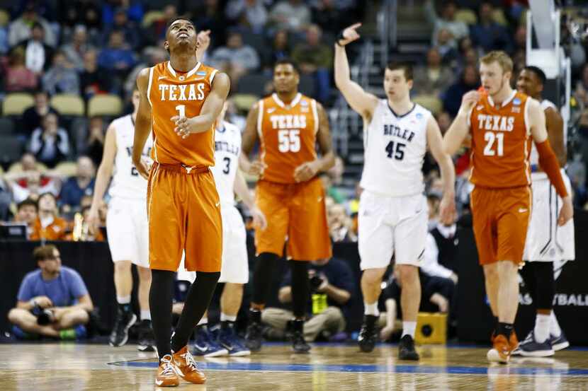 Isaiah Taylor (1) of the Texas Longhorns reacts in the second half against the Butler...