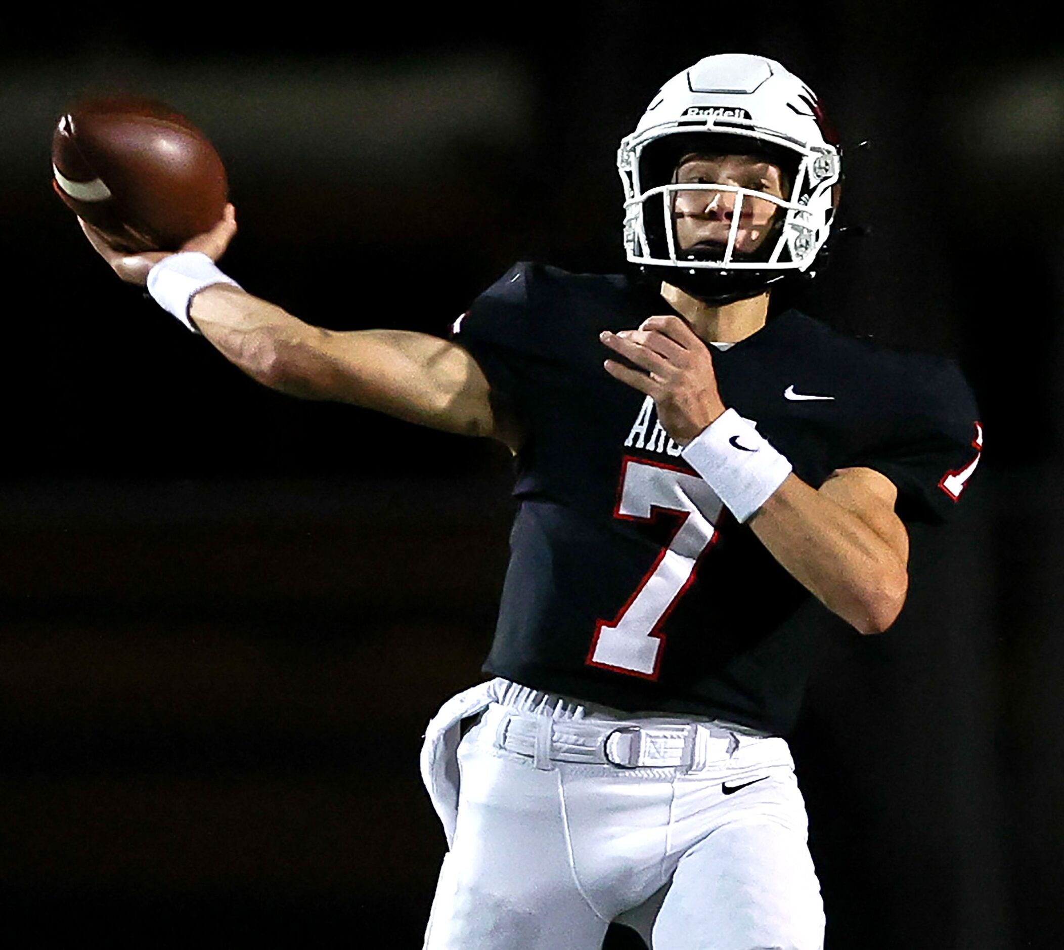 Argyle quarterback Jett Copeland (7) attempts a long pass against Terrell during the first...