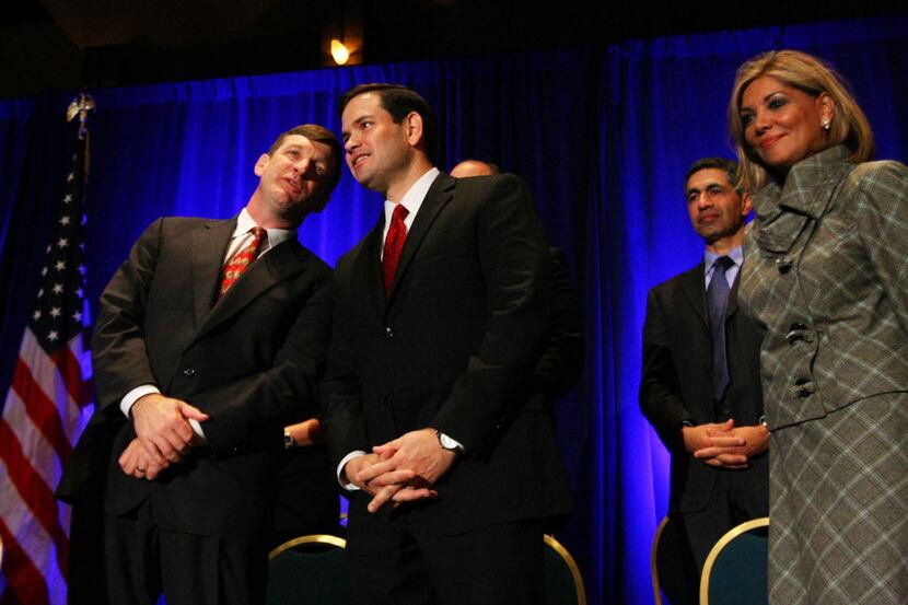  Dallas investor George Seay, left, speaks with U.S. Sen. Marco Rubio at the Texas Hispanic...