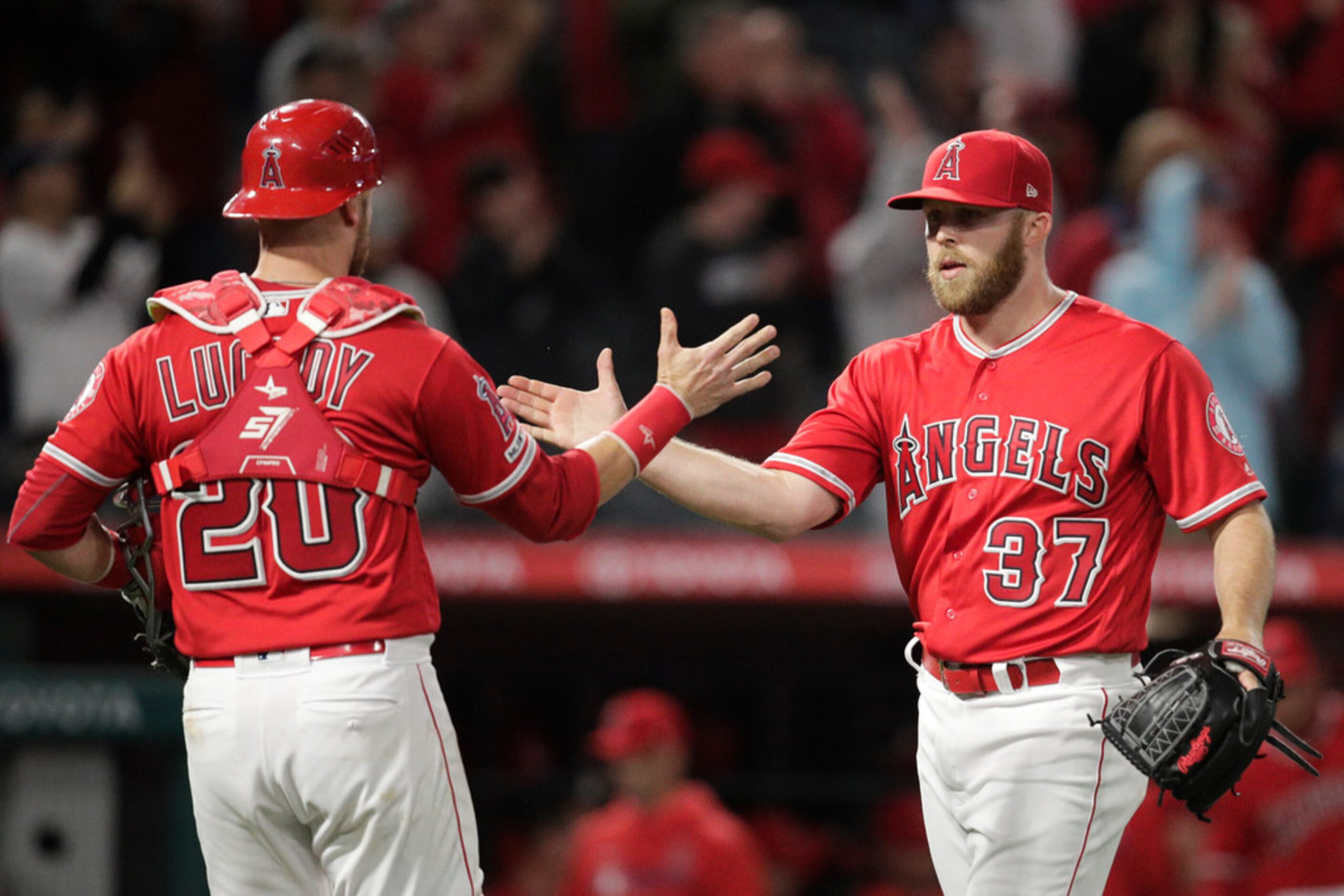 Los Angeles Angels relief pitcher Cody Allen, right, and catcher Jonathan Lucroy celebrate...