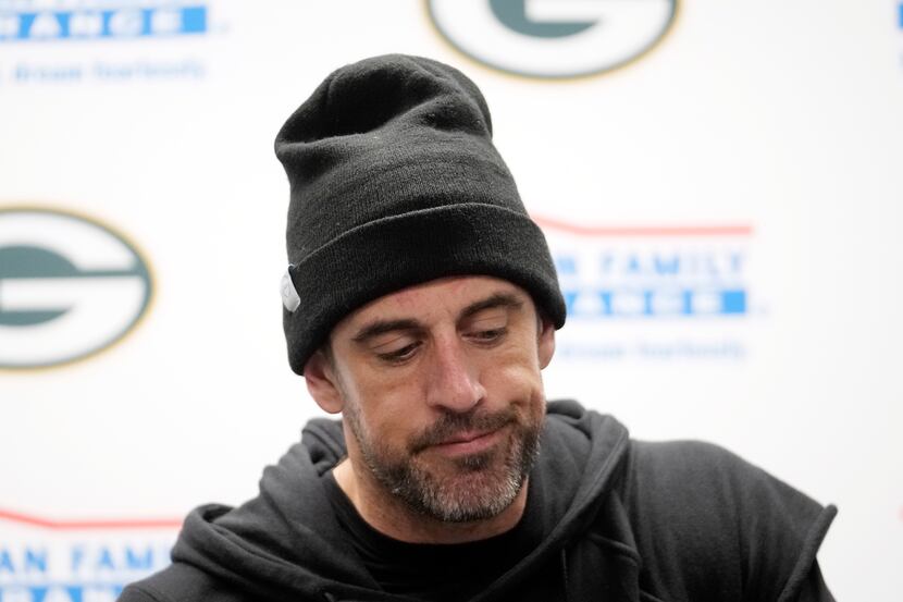 Green Bay Packers quarterback Aaron Rodgers addresses the media after an NFL football game...