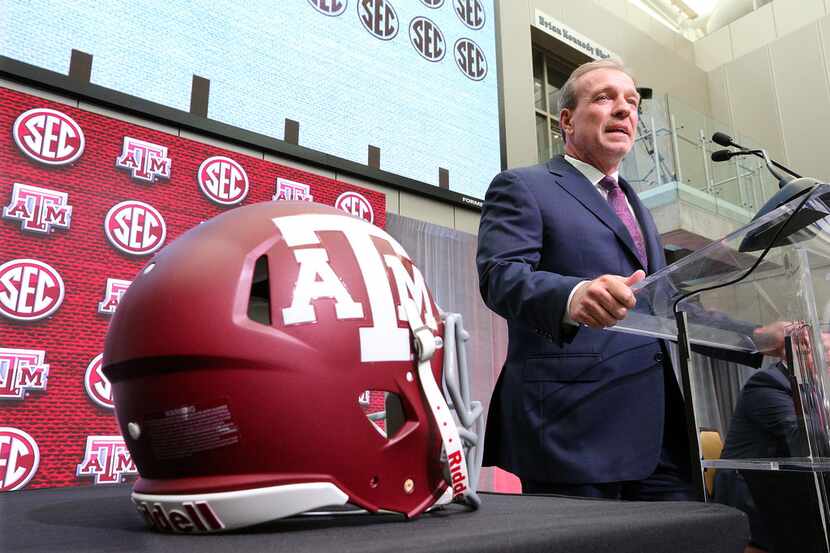 Texas A&M head coach Jimbo Fisher holds his SEC Media Days press conference at the College...