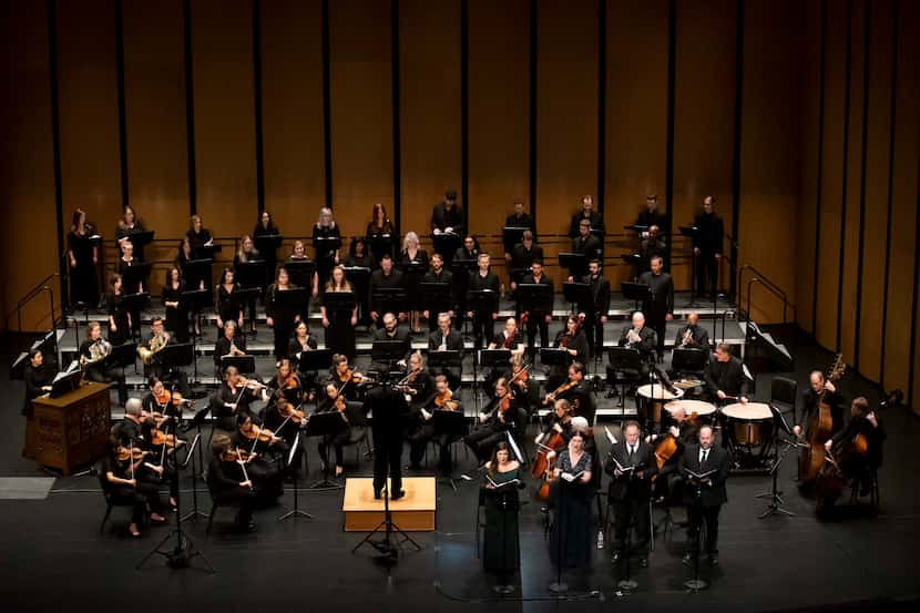 Greg Hobbs conducts the Highland Park Chorale and Orchestra at Moody Performance Hall in...