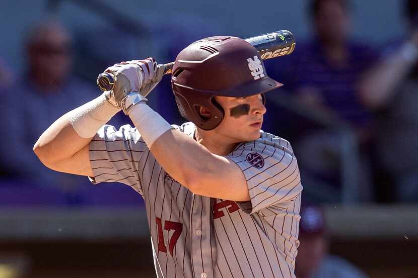 BATON ROUGE, LA - MARCH 31: Mississippi State Bulldogs infielder Justin Foscue (17) bats...