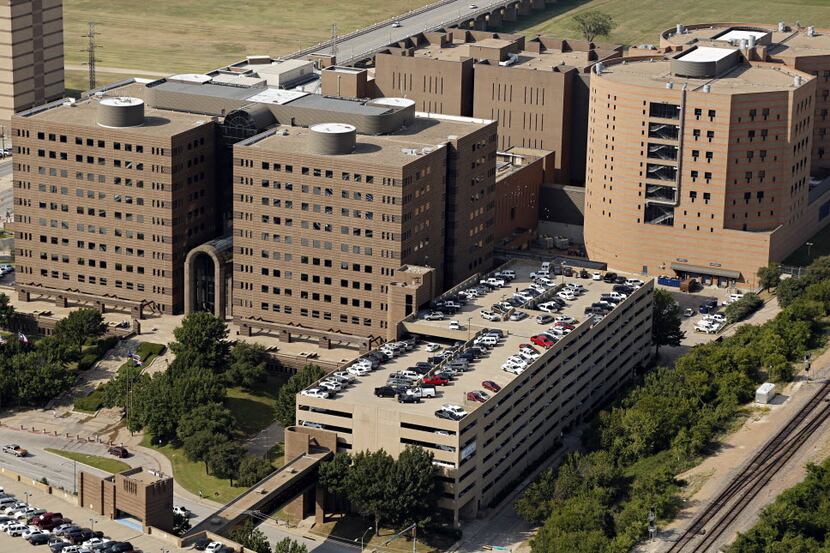 Aerial photo of the Frank Crowley Courts Building (left) and Lew Sterrett Justice Center