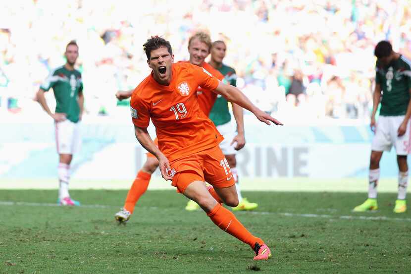 FORTALEZA, BRAZIL - JUNE 29:  Klaas-Jan Huntelaar of the Netherlands celebrates scoring his...