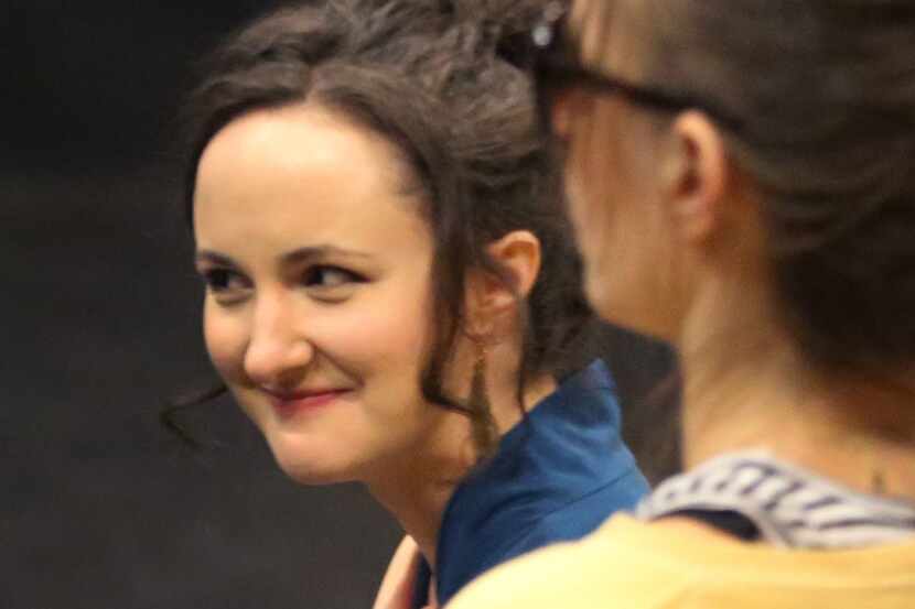 Actresses Kate Hamill (left) and Anastasia Munoz during a rehearsal of Cyrano at Amphibian...